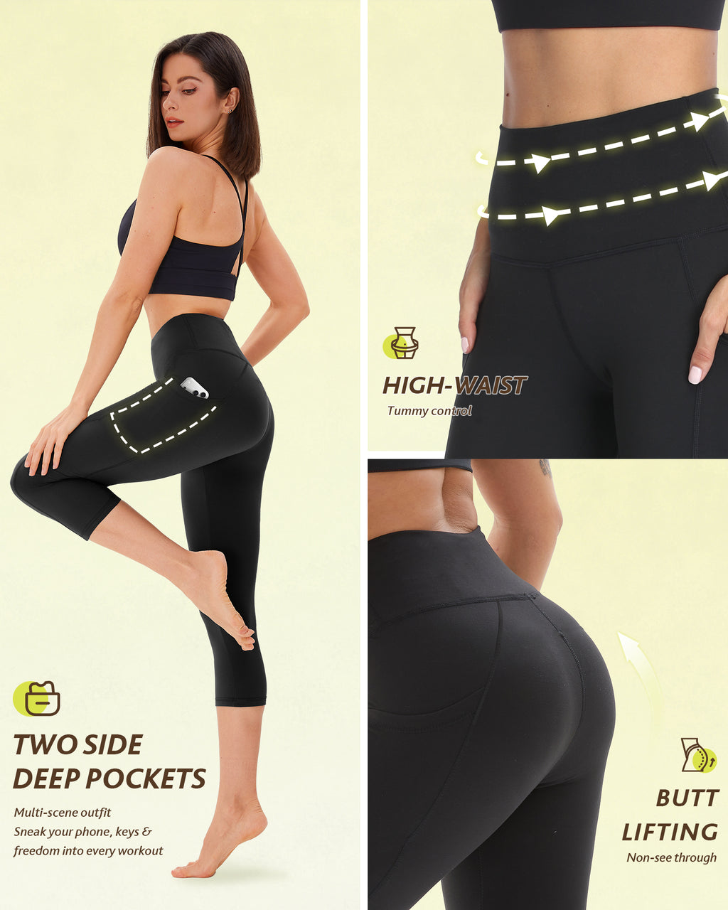 Women's 4-Pack Capri Leggings with Pockets - High Waisted and Tummy Control